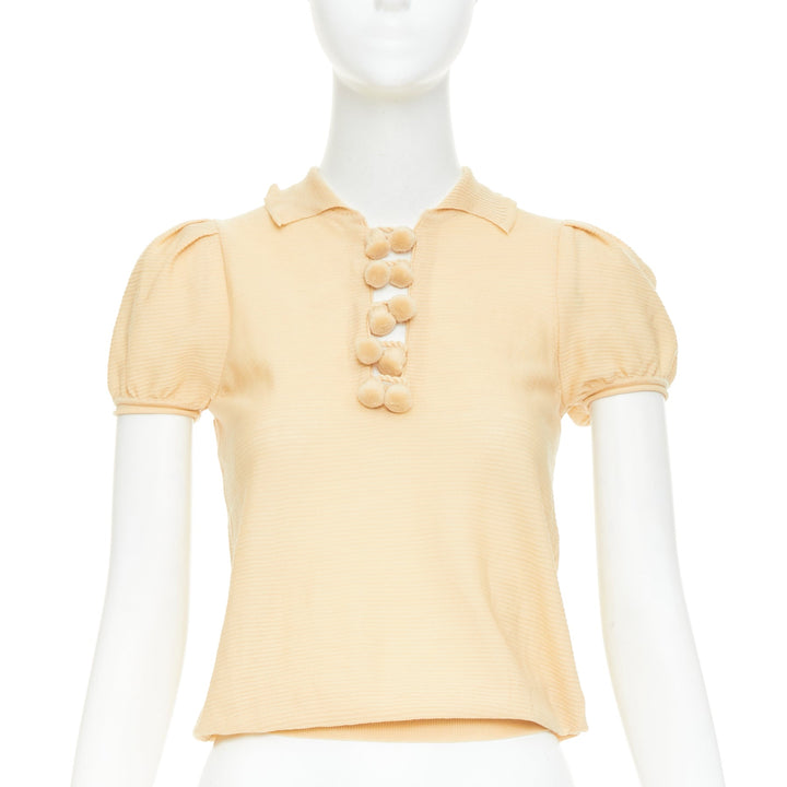 YVES SAINT LAURENT Rive Gauche beige wool pom pom button puff sleeve blouse XS