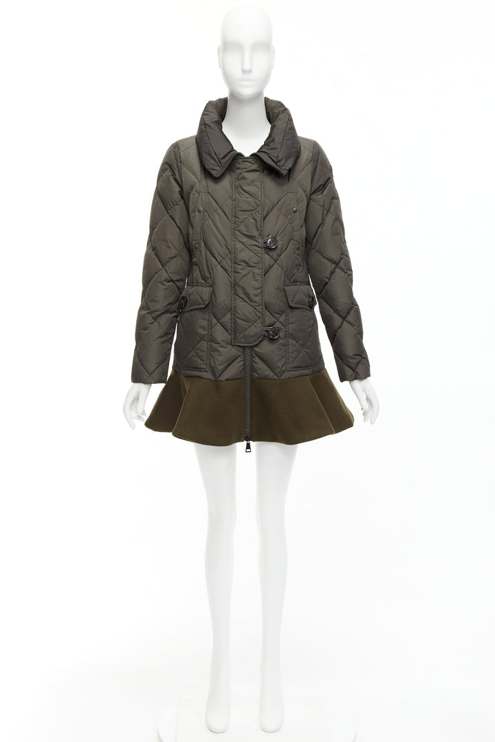 MONCLER Norme Afnor khaki quilted virgin wool blend frill hem coat Sz1 M