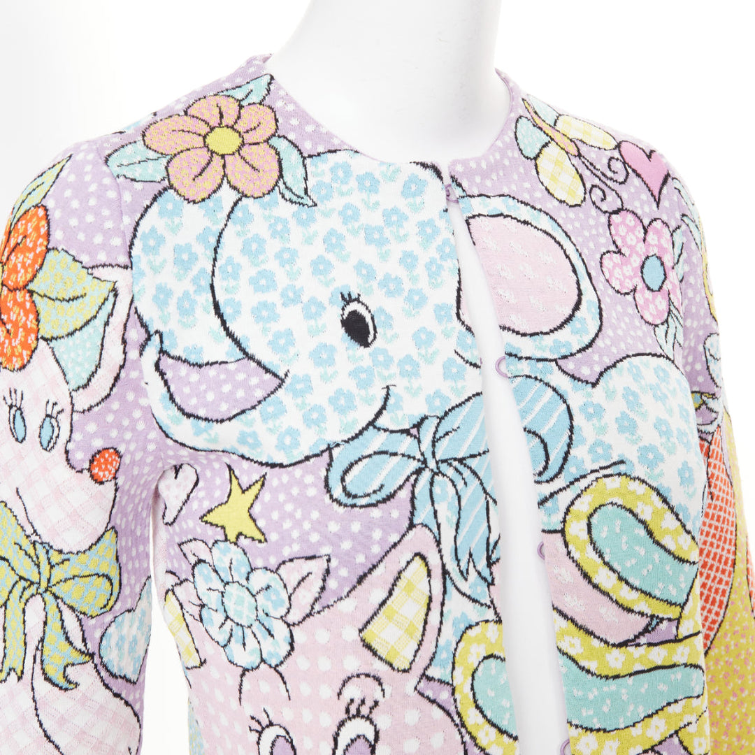 MOSCHINO 2022 Runway Calico Animals lilac blue pink cartoon knit cardigan IT36