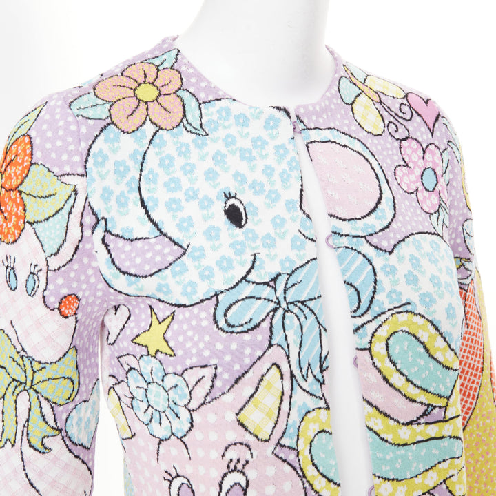 MOSCHINO 2022 Runway Calico Animals lilac blue pink cartoon knit cardigan IT36