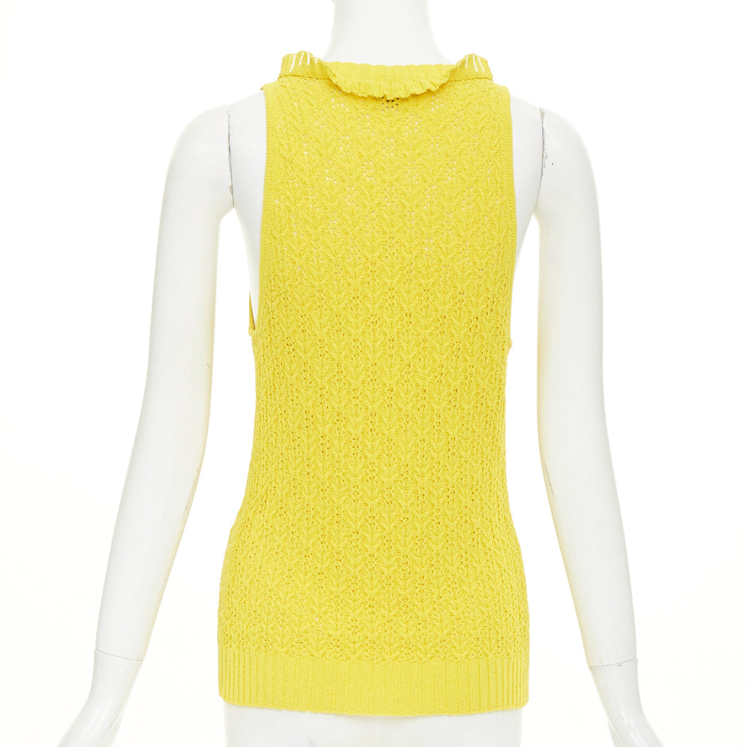 CHANEL 2025 marigold yellow openwork ruffle trim cotton vest cardigan FR34 XXS