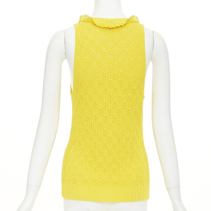 CHANEL 2025 marigold yellow openwork ruffle trim cotton vest cardigan FR34 XXS