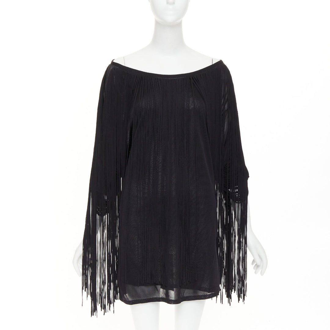 3.1 PHILLIP LIM black rayon long fringe bateau neck sheer overlay mini dress M