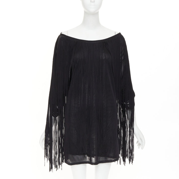 3.1 PHILLIP LIM black rayon long fringe bateau neck sheer overlay mini dress M