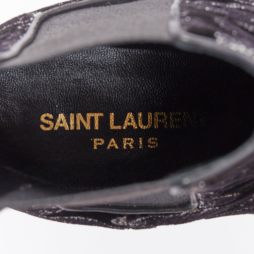 SAINT LAURENT Rock Leopard black grey glitter leopard velvet chelsea boots EU36