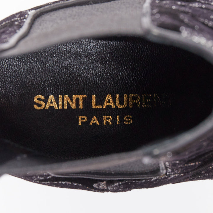 SAINT LAURENT Rock Leopard black grey glitter leopard velvet chelsea boots EU36