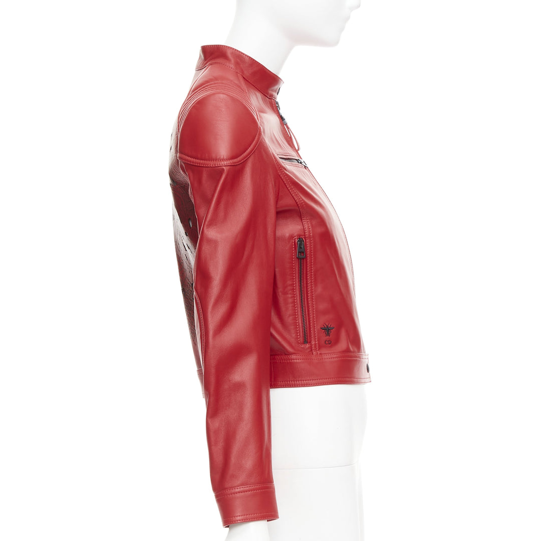 DIOR Royaume d'Amour red leather laser cut moto biker jacket FR34 XS