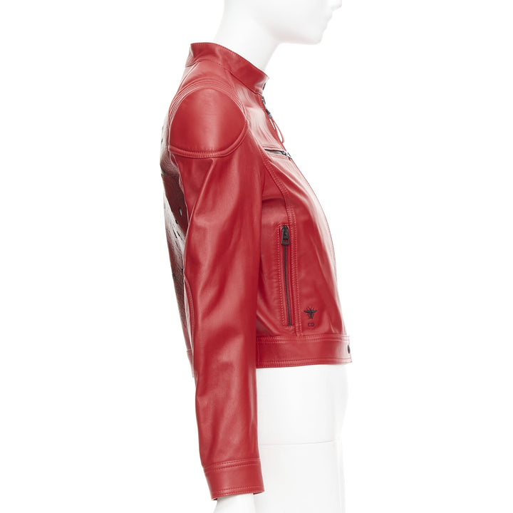 DIOR Royaume d'Amour red leather laser cut moto biker jacket FR34 XS
