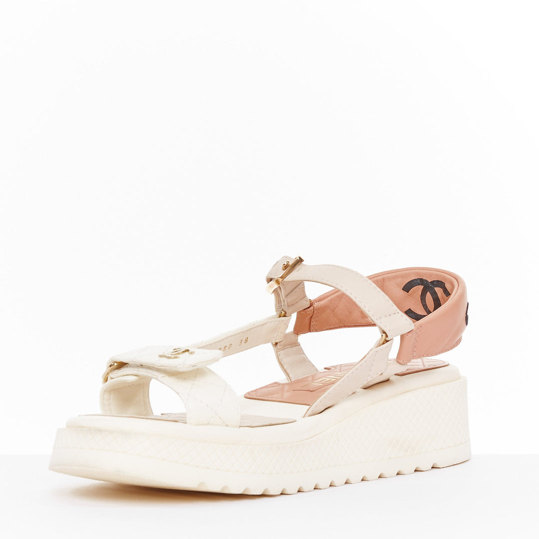 CHANEL 2023 white quilted canvas CC logo flatform strappy dad sandals EU38