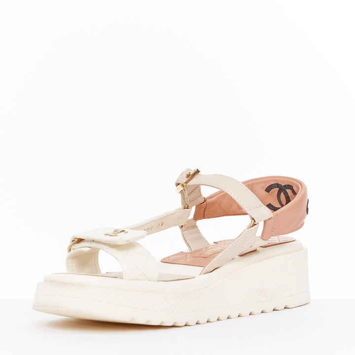 CHANEL 2023 white quilted canvas CC logo flatform strappy dad sandals EU38