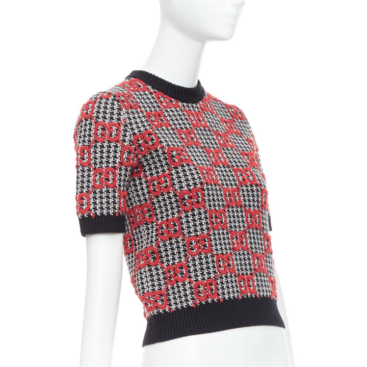 GUCCI 2023 red black Giant Monogram houndstooth intarsia crop sweater XS