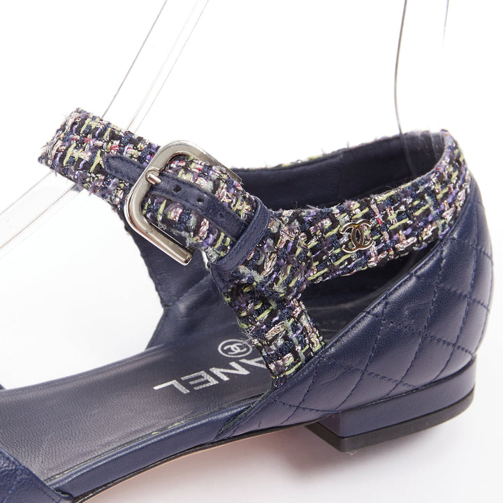 CHANEL navy quilted lambskin leather metallic tweed mary jane sandals EU39