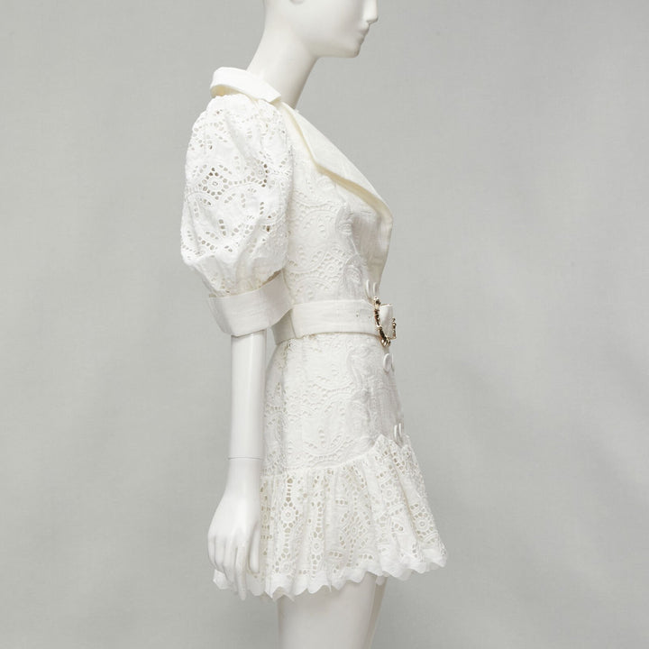 ACLER white embroidery eyelet puff sleeve belted double breasted dress US2 XS