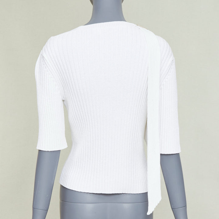 CHANEL white ribbed cotton knit CC logo buckle sash sweater FR36 S