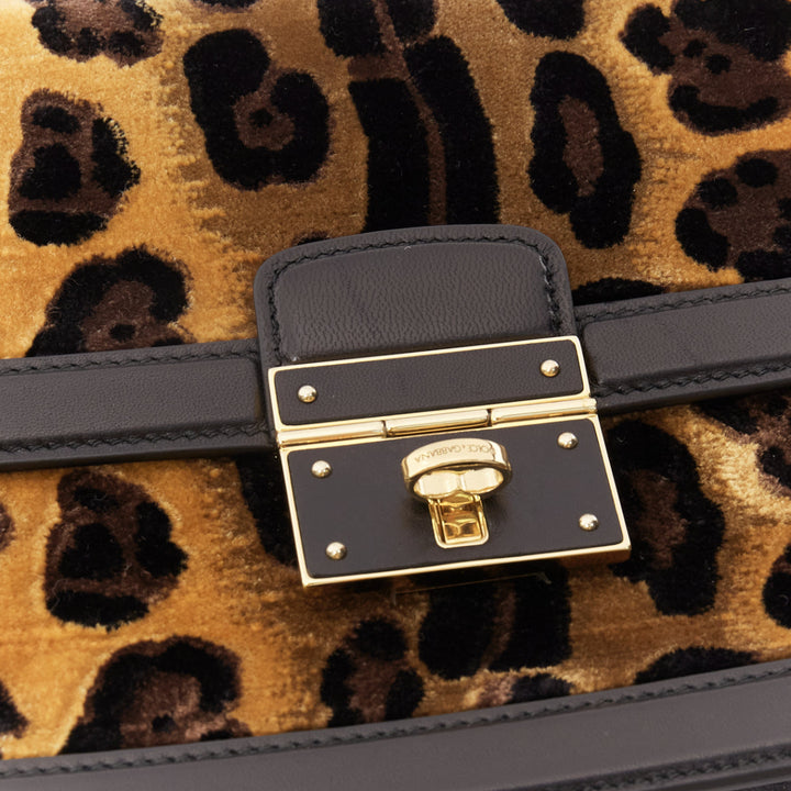 DOLCE GABBANA brown leopard print velvet black leather flap chain bag