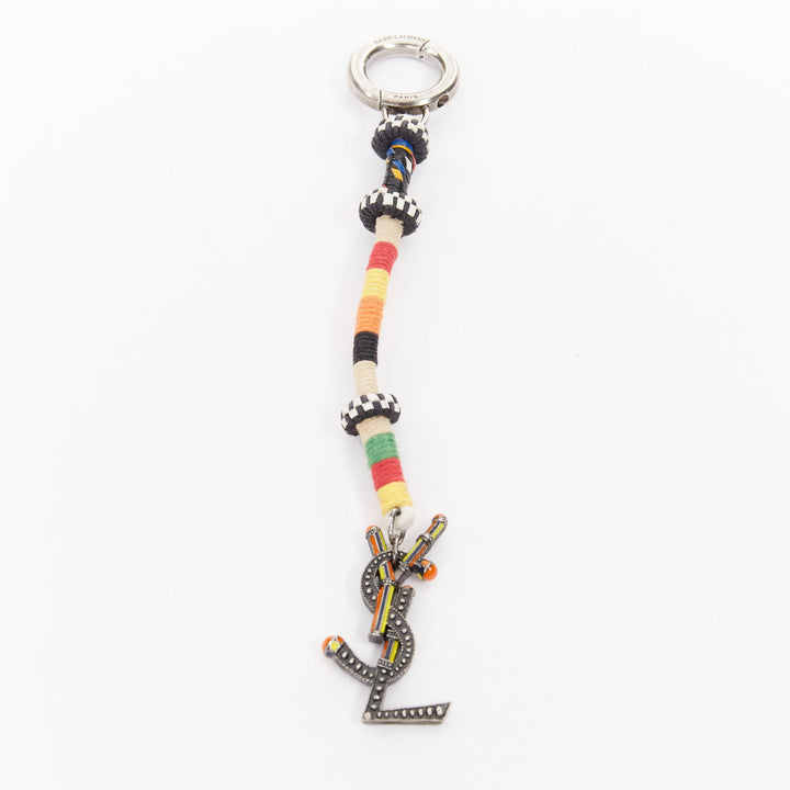 SAINT LAURENT braided YSL logo monogram aged silver multicolor ethnic bag charm