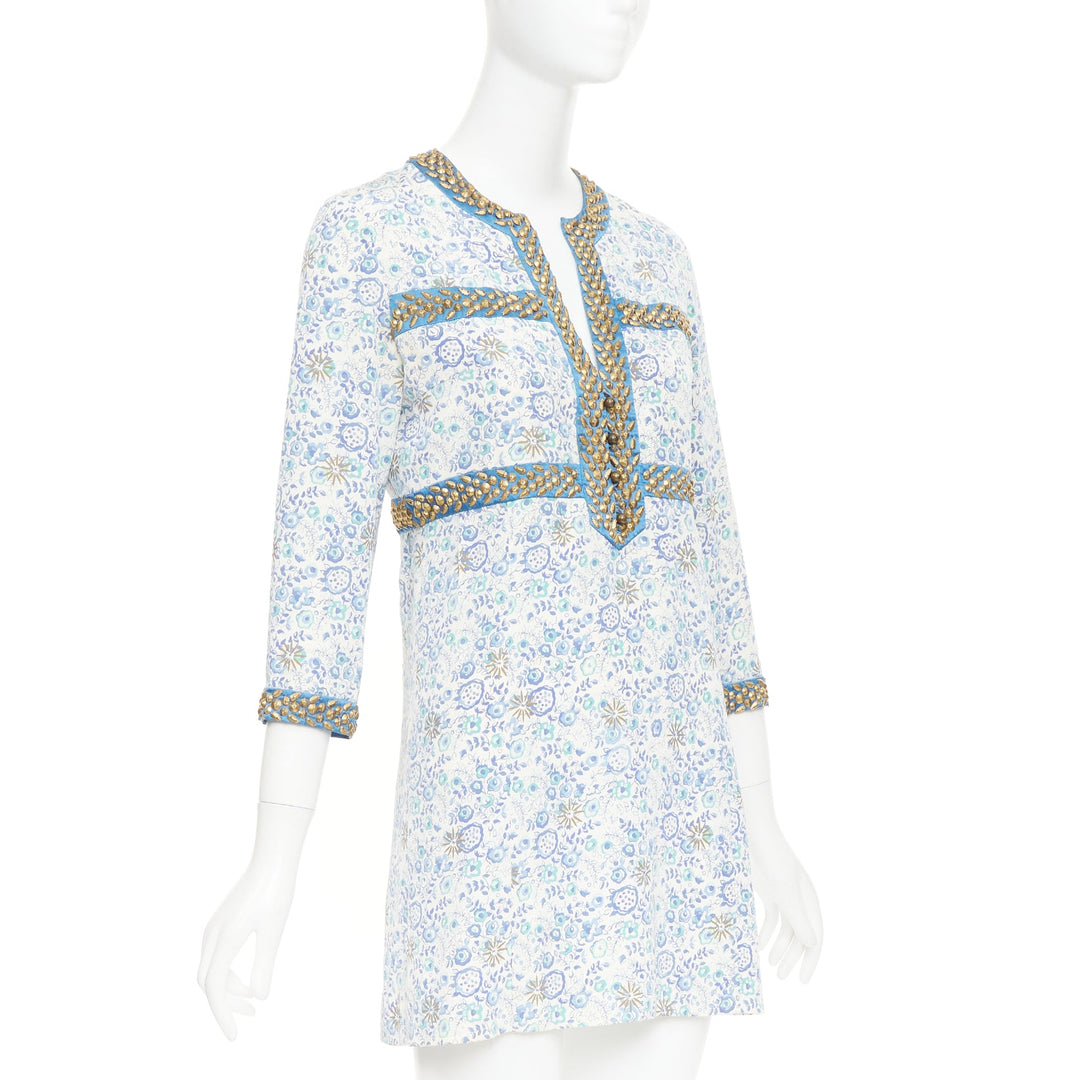 CHLOE Vintage blue cream gold studded floral harness detail open neck mini dress