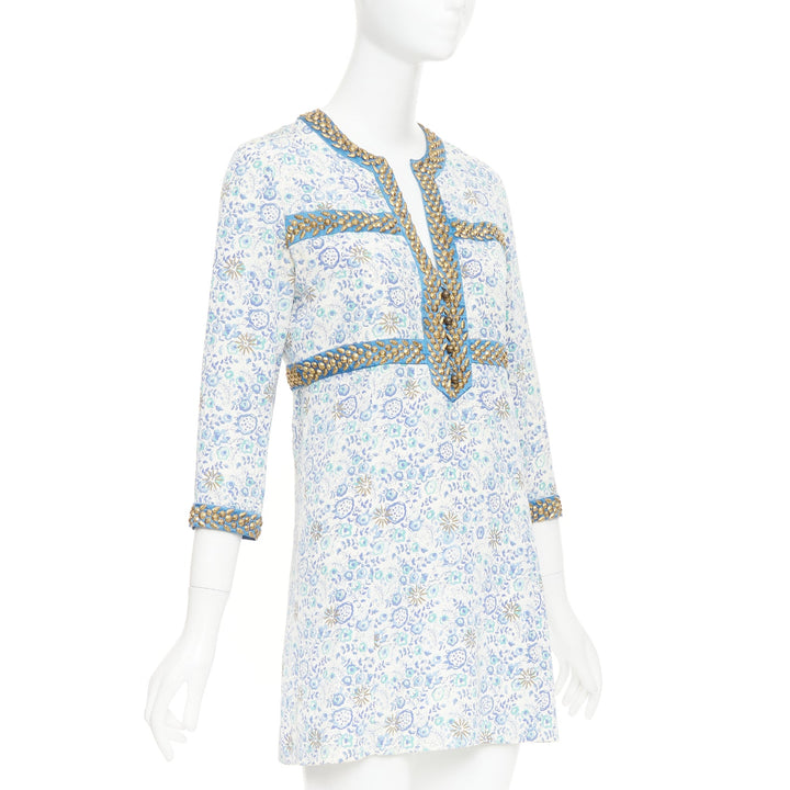 CHLOE Vintage blue cream gold studded floral harness detail open neck mini dress