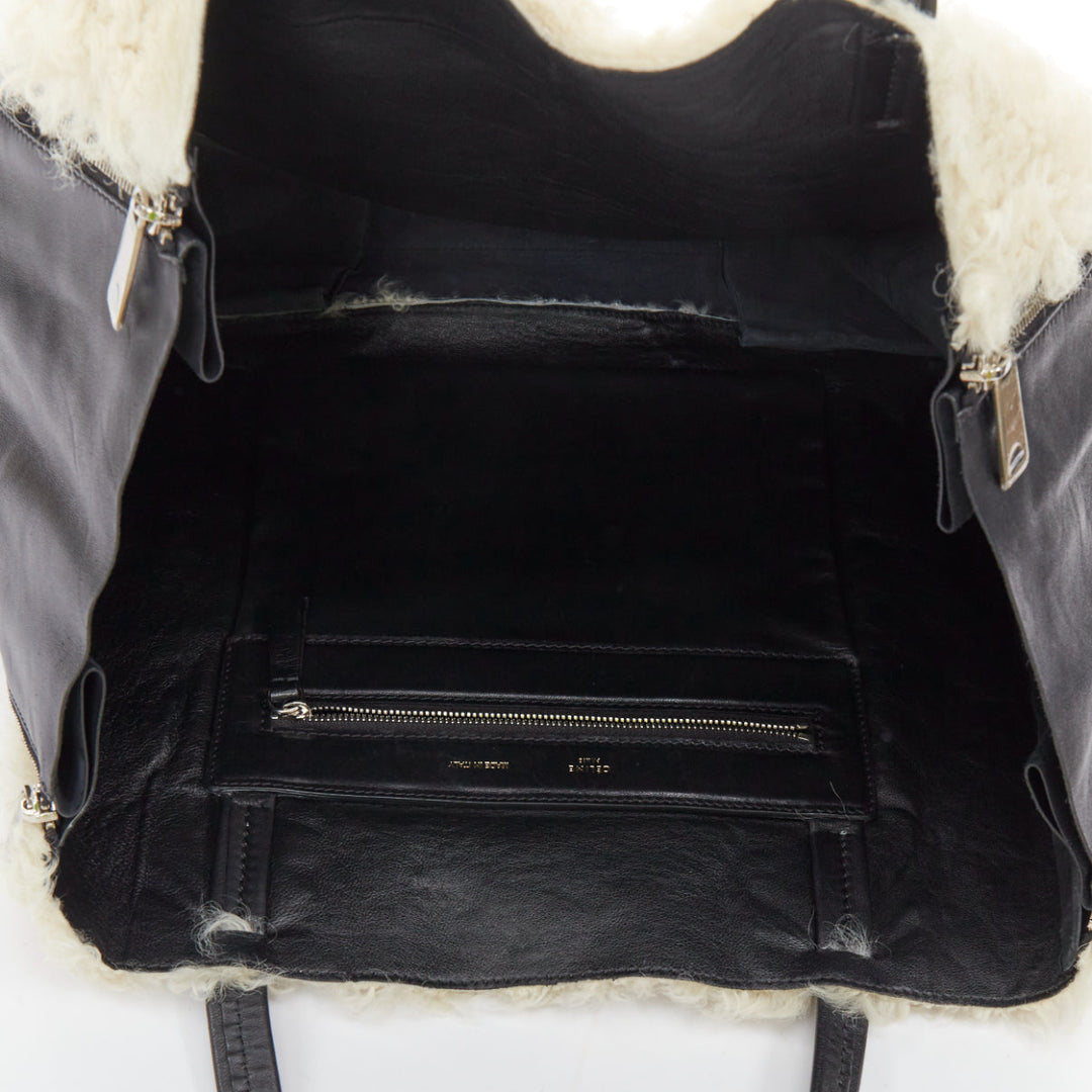 CELINE 2011 Vertical Gusset Cabas cream shearling black leather zip tote bag