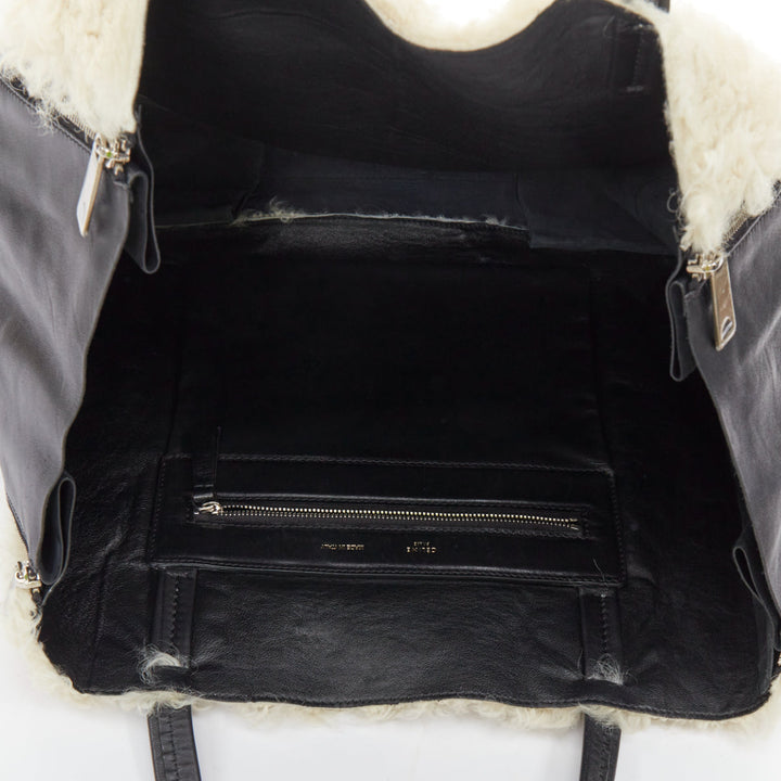 CELINE 2011 Vertical Gusset Cabas cream shearling black leather zip tote bag