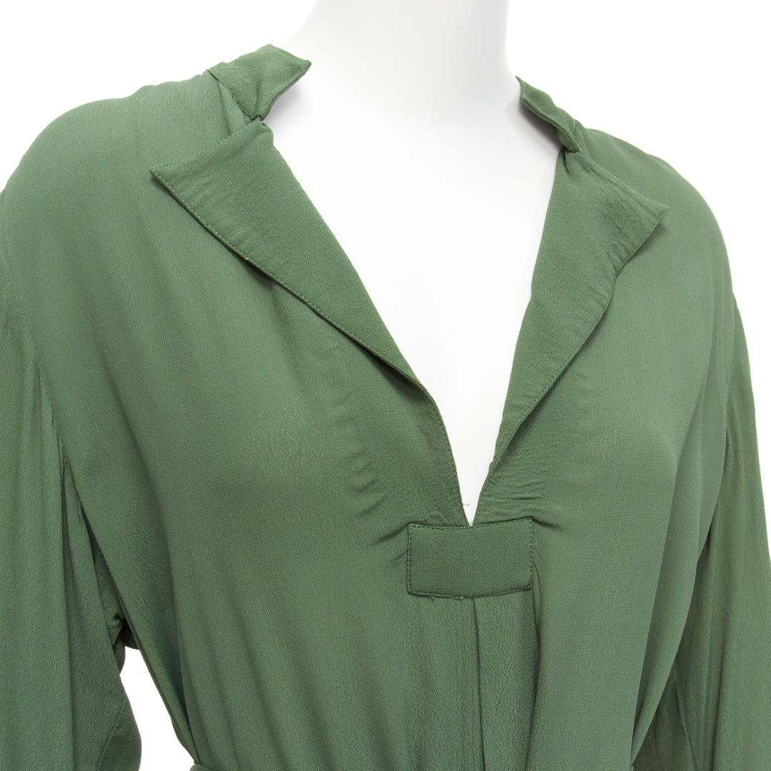 WIGGY KIT forest green viscose V-neck dropped shoulder belted midi dress S