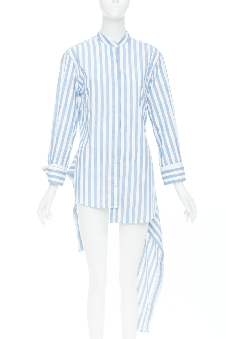 MONSE blue white striped cotton asymmetric hem draped dress shirt US0 XS