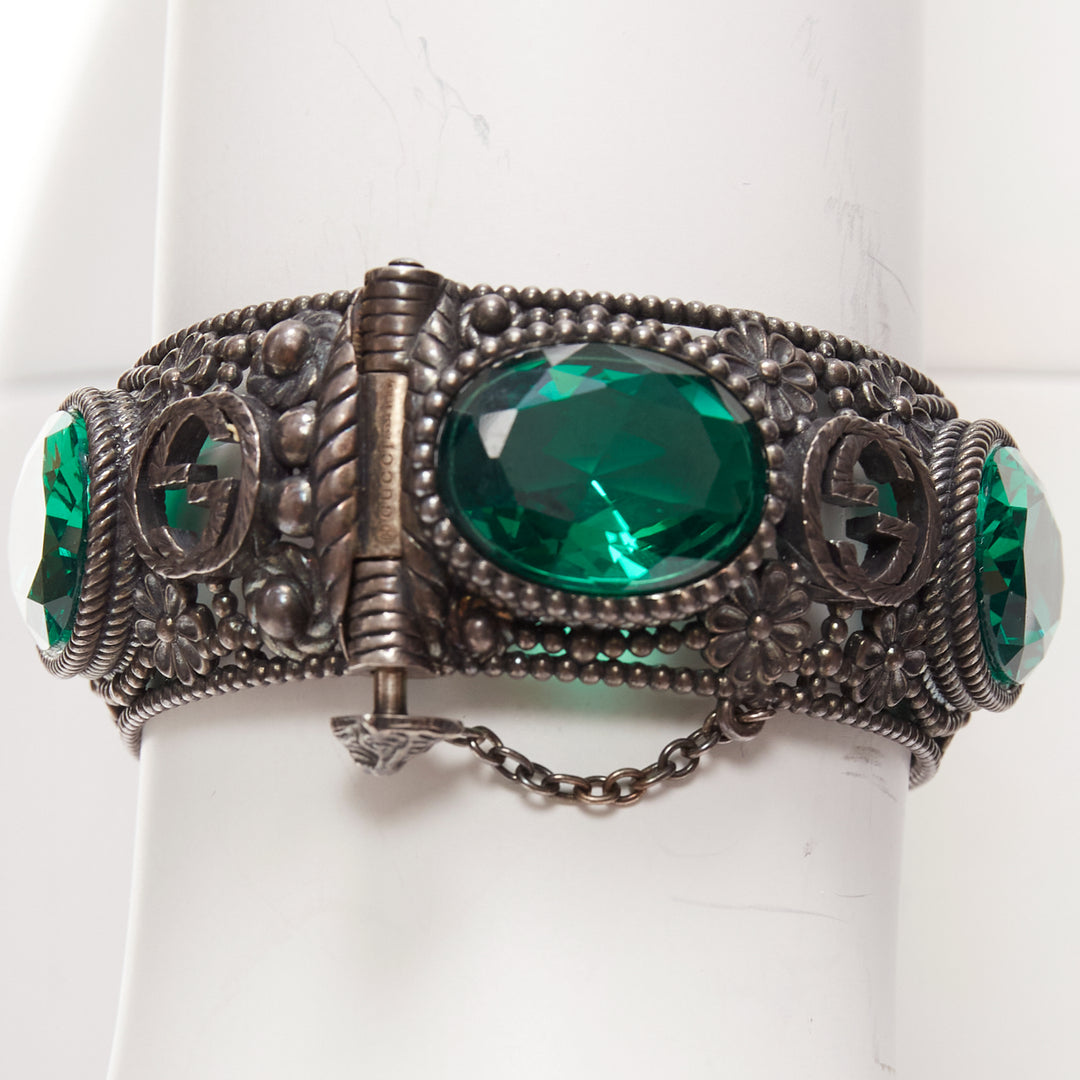 GUCCI Alessandro Michele GG logo green crystal antique gunmetal bangle