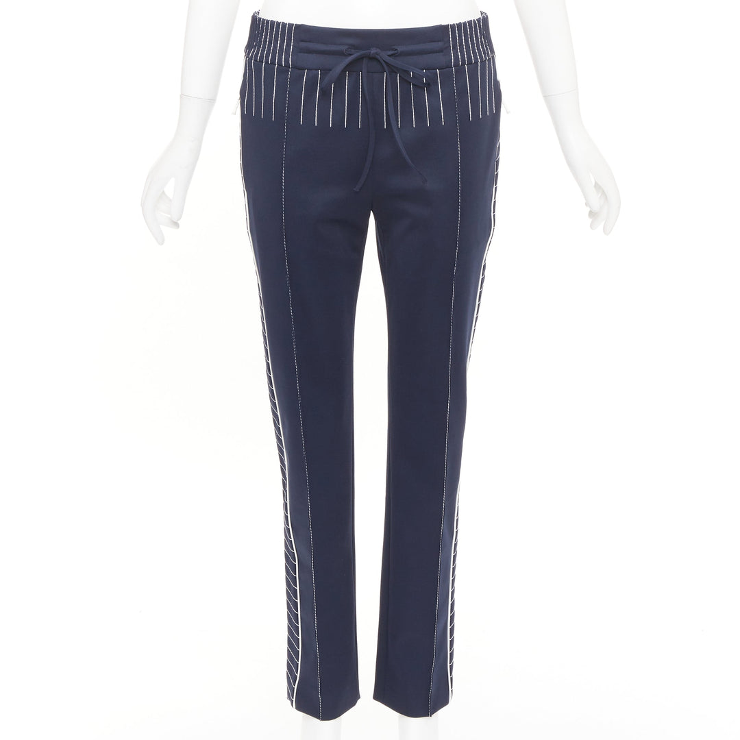 VALENTINO navy white striped topstitch pleated front cropped track pants IT38 XS