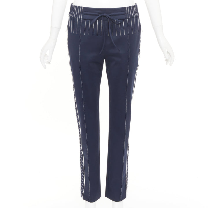 VALENTINO navy white striped topstitch pleated front cropped track pants IT38 XS