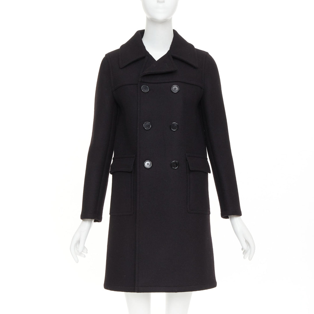 SAINT LAURENT 2014 Caban black wool felt double breasted panelled pea coat FR34
