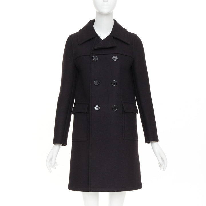 SAINT LAURENT 2014 Caban black wool felt double breasted panelled pea coat FR34