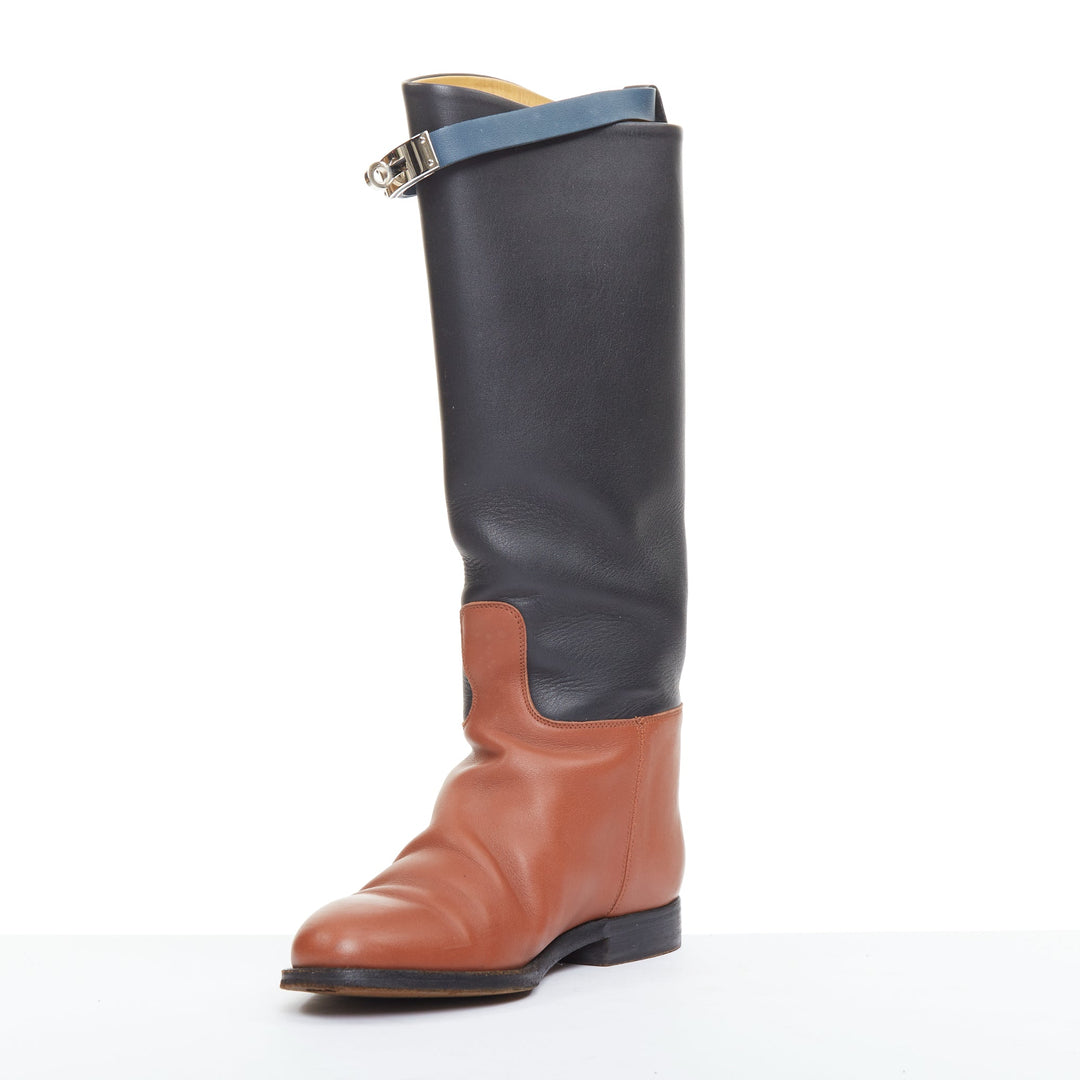 HERMES Jumping Kelly tri-color black brown navy calfskin riding boots EU37