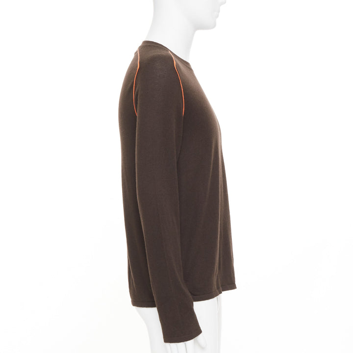 HERMES Vintage 100% cashmere brown contrast orange piping knit crew sweater M