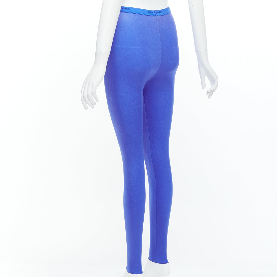 CHANEL cobalt blue crystal CC logo coco waistband leggings FR34 XS