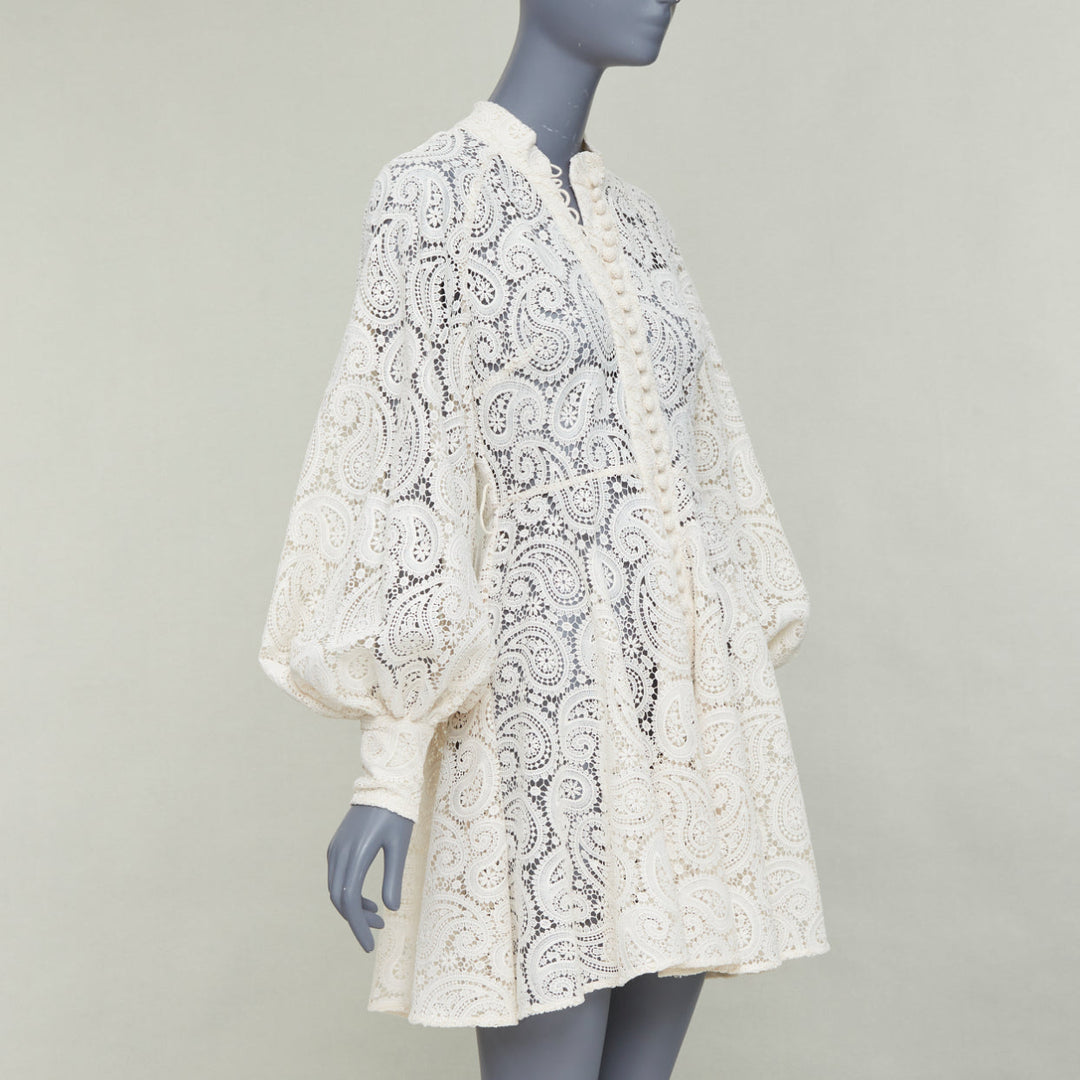 ZIMMERMANN Amari cream paisley floral lace cotton lined peasant dress Sz1 S