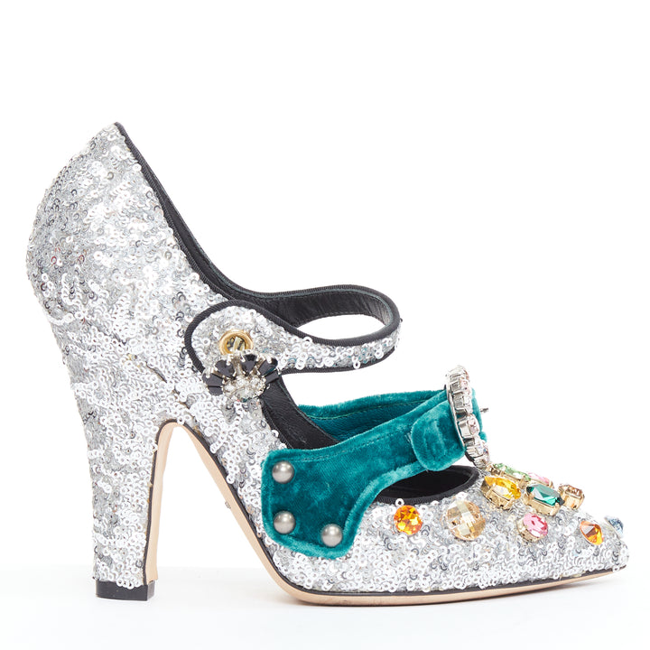 DOLCE GABBANA Bellucci  silver glitter rhinestone green velvet heels EU36