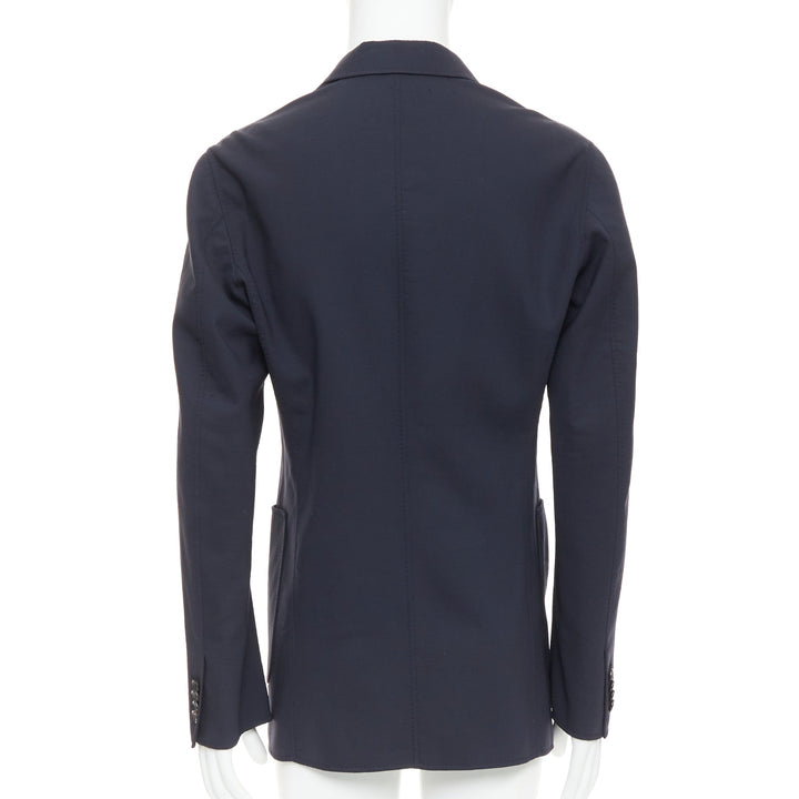 RAF SIMONS black virgin wool off centre buttons patch pocket long blazer IT48 M