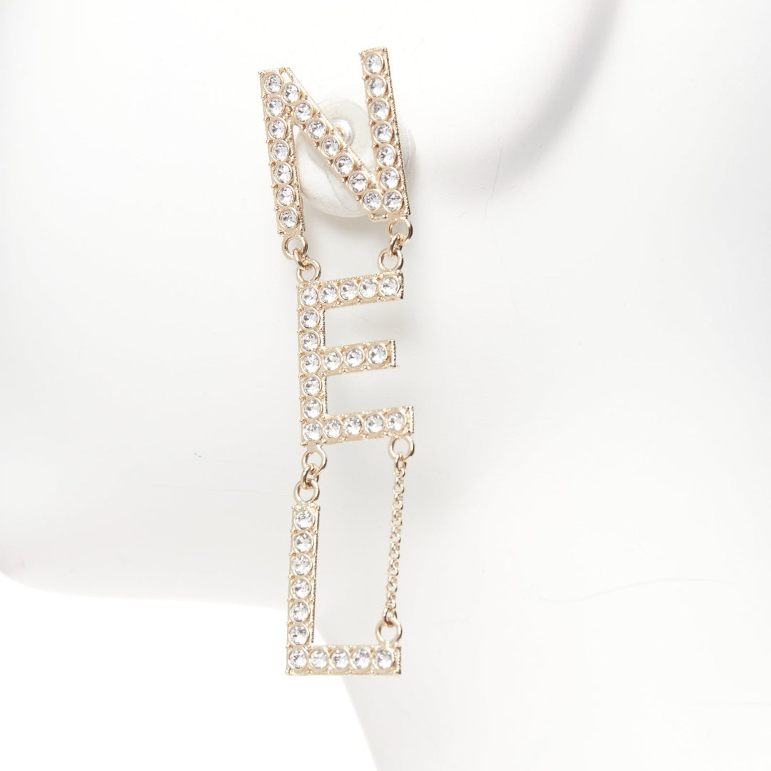 CHANEL B19S crystal CHA-NEL diamantes mismatch letter drop dangling pin earrings