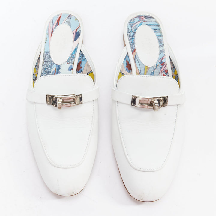 HERMES Oz white calfskin leather silver Kelly turnlock mules EU37