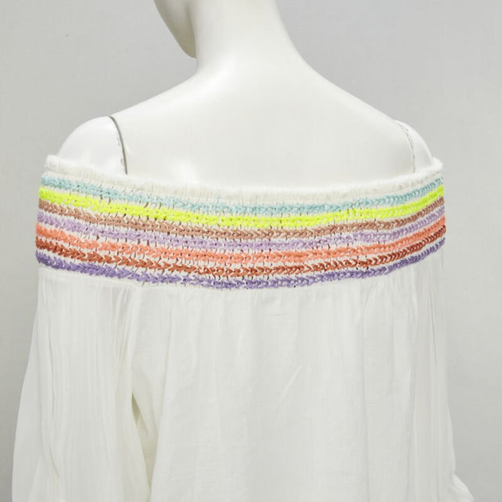 ALICE OLIVIA white cotton neon braid embroidery off shoulder top S