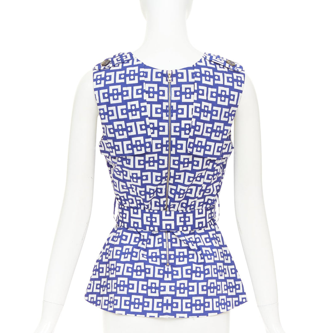 MARNI 2013 blue white cotton geometric print belted peplum V-neck top IT40 S