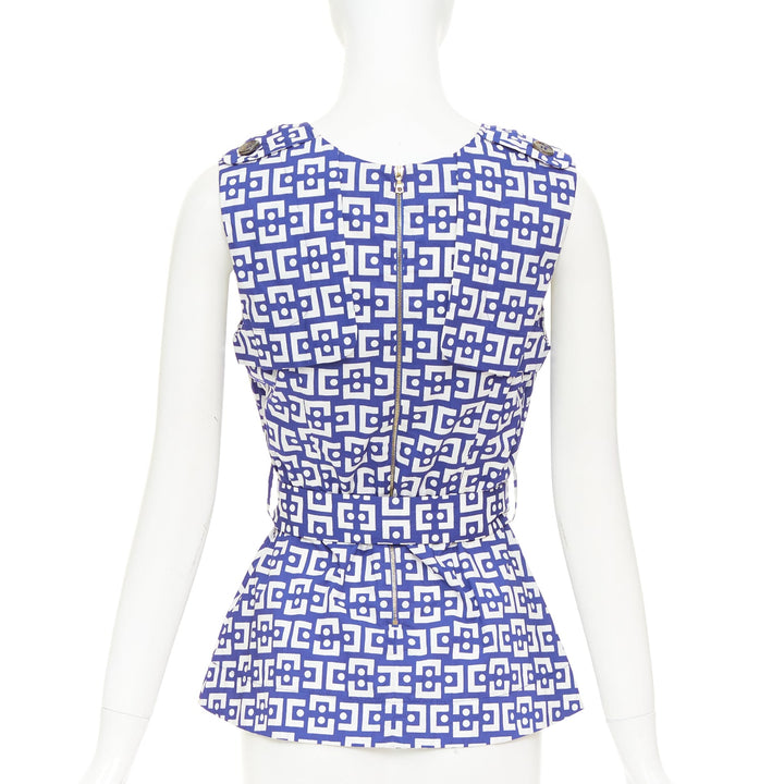 MARNI 2013 blue white cotton geometric print belted peplum V-neck top IT40 S