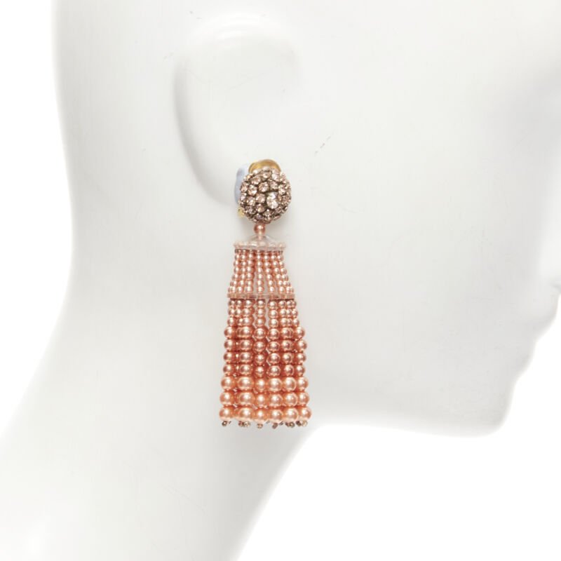 OSCAR DE LA RENTA orange crystal faux pearl tassel drop clip on earrings