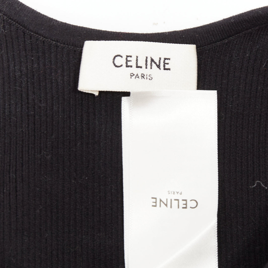CELINE black cotton blend cream ribbed logo round neck bra top S Lisa Blackpink