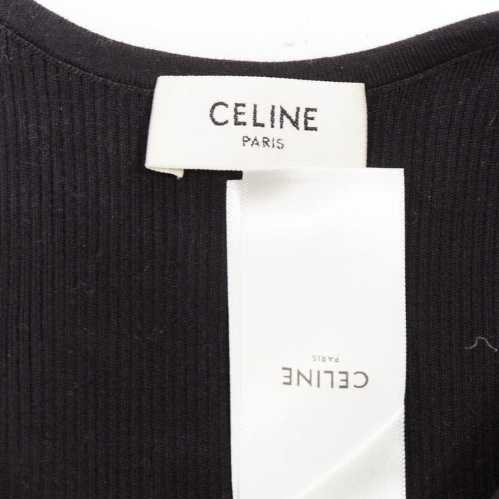 CELINE black cotton blend cream ribbed logo round neck bra top S Lisa Blackpink