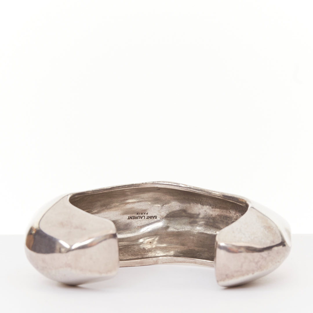SAINT LAURENT aged silver tone faceted sculptural geometric organic cuff bangle