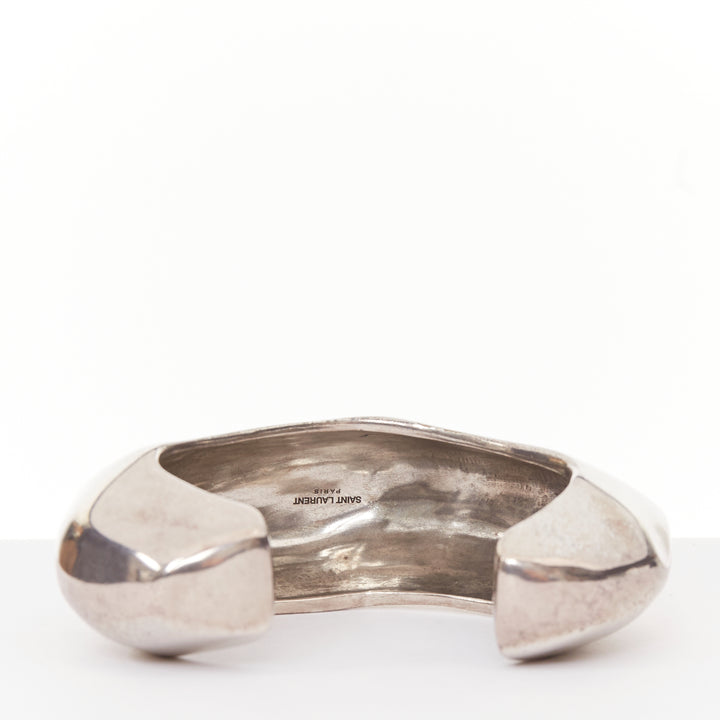 SAINT LAURENT aged silver tone faceted sculptural geometric organic cuff bangle