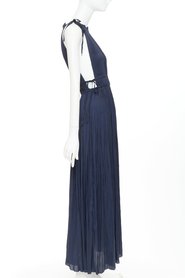 ULLA JOHNSON midnight blue pleated halter neck drawstring tie midi dress US0 XS