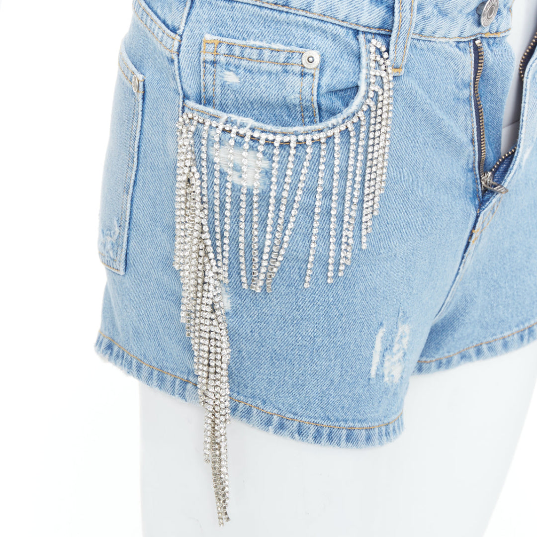 CHIARA FERRAGNI blue crystal fringe distressed denim short shorts XS