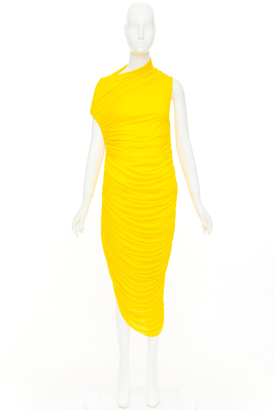 FERRAGAMO Maximilian Davis 2023 Runway yellow asymmetric ruched dress IT42 M
